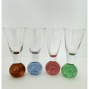 Vintage Clear Shot Glasses Set of 4 – Colored Bubble Base Barware Drinkware